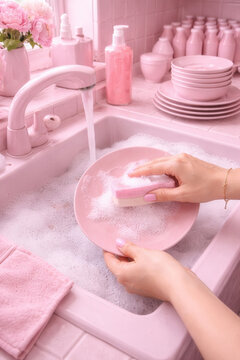 woman cleaning dishes in pink kitchen