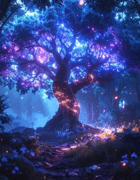 Mystic Glowing Tree in Fantasy Forest