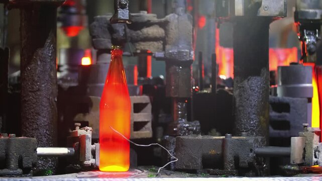 Glass factory, production of glass containers. Molten glass is blown into molds. Robotics in industry. Modern technologies, robotic machines produce products. Technological work at the plant.