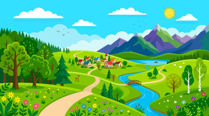 Fototapeta premium Scenic countryside landscape with a charming village nestled amidst rolling hills, a winding river, and vibrant wildflowers under a bright sunny sky