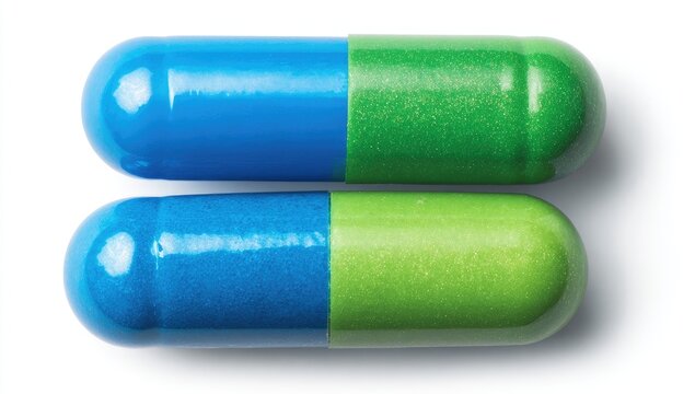 Two-tone blue and green capsules, side-by-side, isolated on white