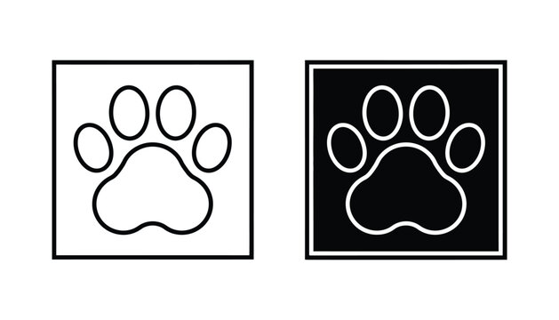 Paw print icon set inside square frame featuring outline and solid black vector designs for pet shop branding or animal shelter mobile applications