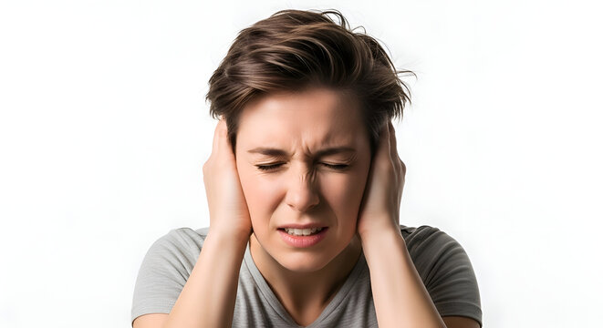 Frustrated woman covering ears to block out loud noise, expressing distress and annoyance