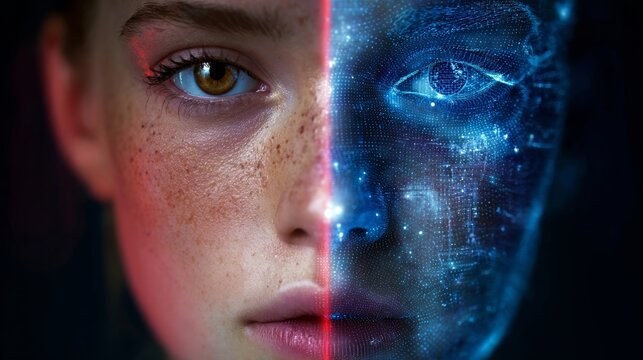 A woman with a futuristic digital face in a split-screen portrait