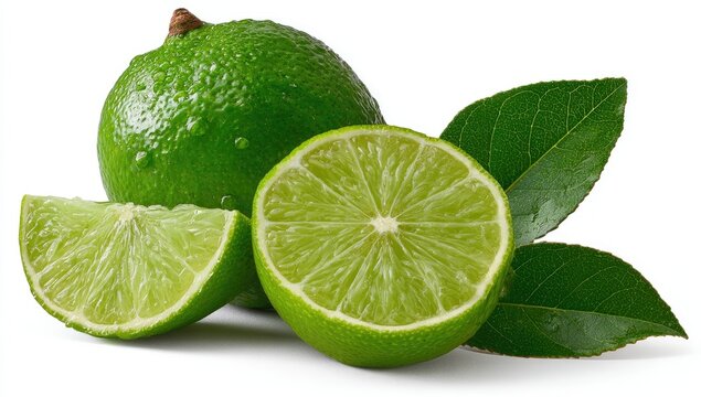 Bright green limes, one whole, one halved, with a wedge and leaves