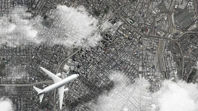 Airplane Flying over Hollywood Sign, Los Angeles, USA and Clouds. Aerial Airplane scenes. Jet Flying Over City. Aerial City Animation, Vox Style Map Animation 4K