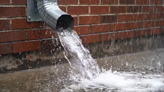 Industrial drainage pipe releasing flowing water onto a brick surface