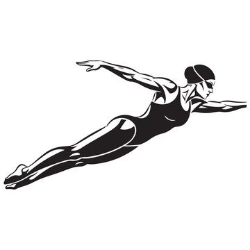 Professional female swimmer performing butterfly stroke vector illustration for sports logo and athletic branding