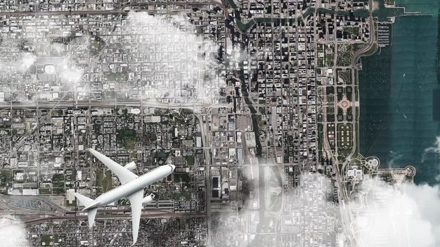 Airplane Flying over Willis Tower (Sears Tower), Chicago, US and Clouds. Aerial Airplane scenes. Jet Flying Over City. Aerial City Animation, Vox Style Map Animation 4K