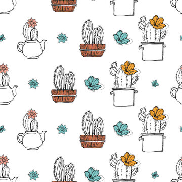 Seamless Pattern Hand Drawn Doodle Blooming Cacti Succulents Various Pots Colorful Vector
