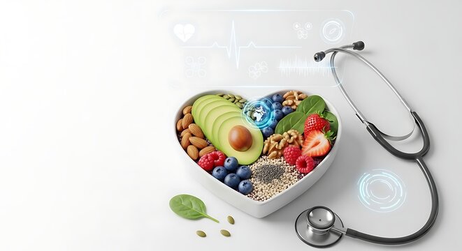 Makanan Sehat Bentuk Hati dengan Stetoskop Simbol Kesehatan dan Teknologi