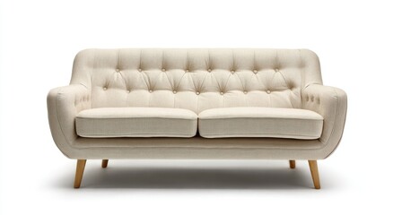 Fototapeta premium Tufted cream fabric sofa with tapered wooden legs on white background