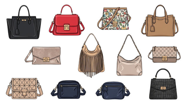 Color Line Luxury Handbag Collection Set Stylish Fashion Purses Tote Clutch Shoulder Bags Modern Accessories Vector Illustration