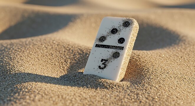 White Fraction Domino Tile Half One Third Standing in Desert Sand, Mathematics Education, Probability, Ratio and Abstract Numerical Concept