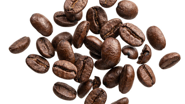 Pile of roasted brown espresso coffee beans scattered and isolated on a transparent background.