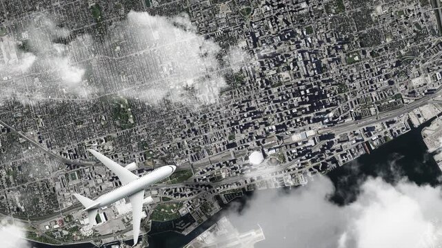 Airplane Flying over CN Tower, Toronto, Canada and Clouds. Aerial Airplane scenes. Jet Flying Over City. Aerial City Animation, Vox Style Map Animation 4K
