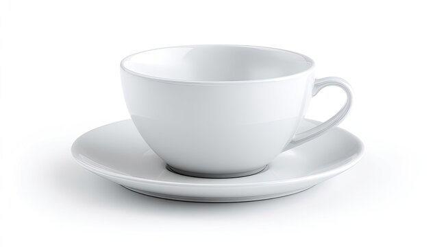 Crisp white porcelain teacup and saucer, elegant, clean, and isolated on white