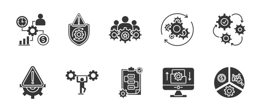 Business continuity icon glyph icon set collection.  Containing Planning, recovery, management, ongoing operation, risk, resilience, procedures, Backup System, Business Impact Analysis (BIA)