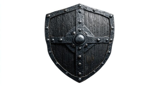 A dark, weathered wooden kite shield with central metal boss and rivets