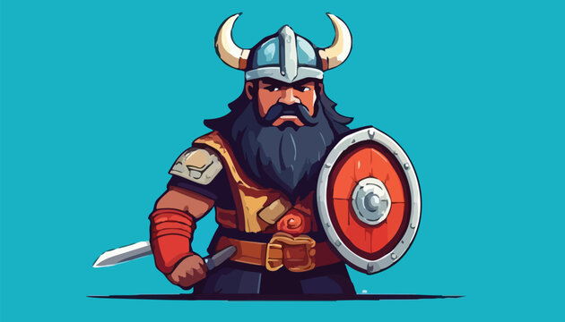 Cartoon Viking Warrior with Horned Helmet and Shield Illustration.