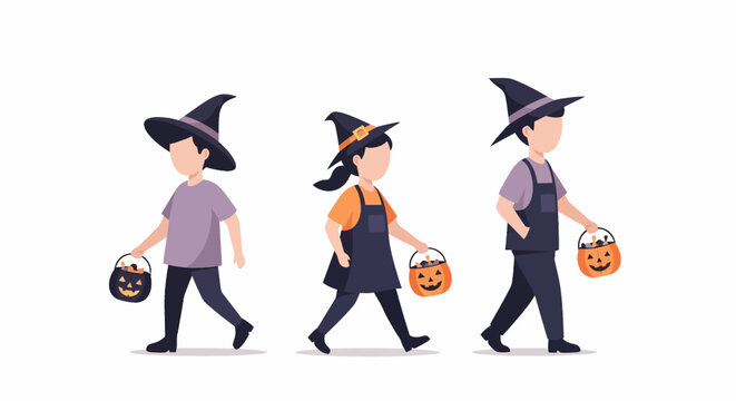 Children in Witch Hats Trick or Treating on Halloween.