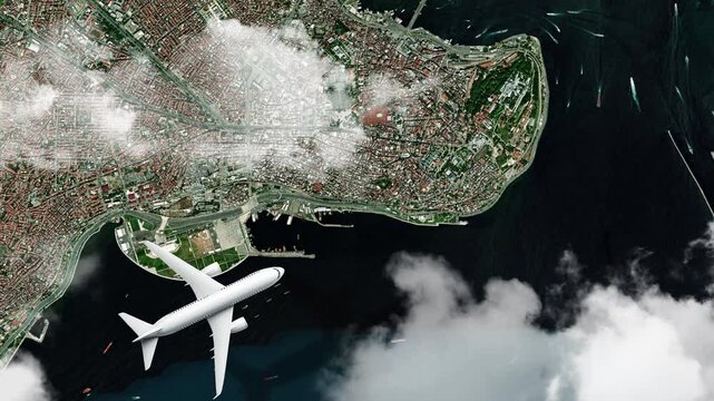Airplane Flying over Hagia Sophia, Istanbul, Turkey and Clouds. Aerial Airplane scenes. Jet Flying Over City. Aerial City Animation, Vox Style Map Animation 4K