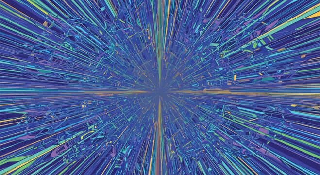 Dynamic abstract burst of radiating lines and geometric fragments in deep blue and vibrant green creating a sense of rapid movement.