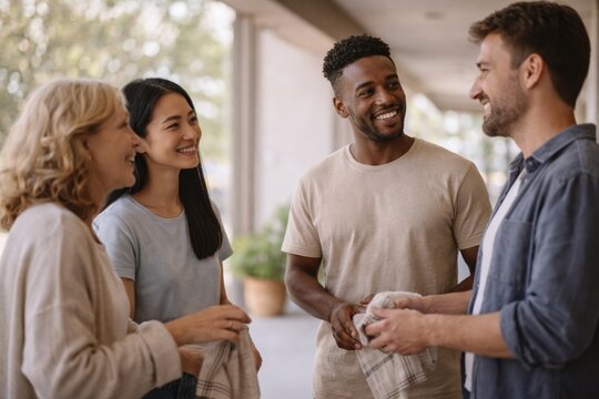 cheerful group of neighbors talking together outside a home after helping, warm community lifestyle moment for connection, welcome, belonging, service and faith based togetherness