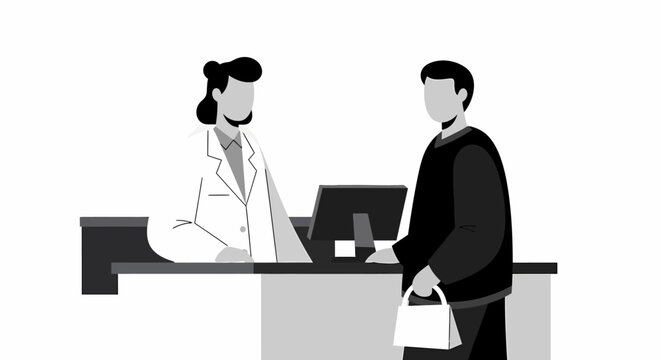 Customer interacts with pharmacist at pharmacy counter.