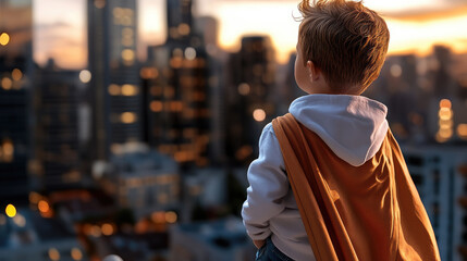Fototapeta premium Young child wearing a cape like blanket, standing on a rooftop deck, looking out over a metropolitan city skyline at a golden hour sunset, envisioning a future