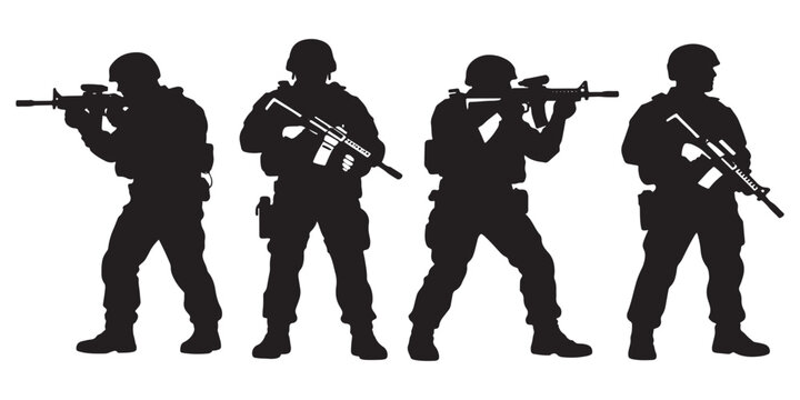 Military soldier silhouettes set, special forces tactical team with rifles vector, armed infantry squad in combat gear for gaming and security design