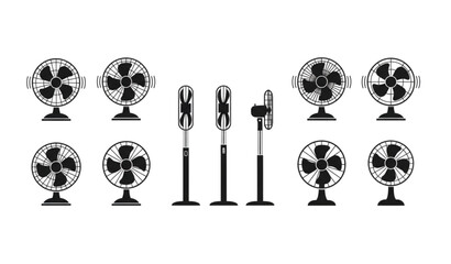 Obraz premium Stand fan vector set with floor ventilator designs black household cooling appliances isolated on white background