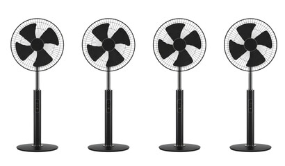 Obraz premium Minimal stand fan lineup with modern floor ventilator design sleek black cooling appliance vector set