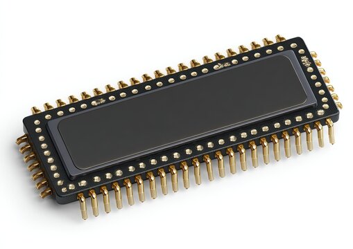 Rectangular integrated circuit chip with numerous golden pins on a white background