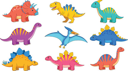 Cute dinosaur vector set with colorful cartoon prehistoric animals, playful dino characters collection for kids illustration isolated on white background © MstGulzan