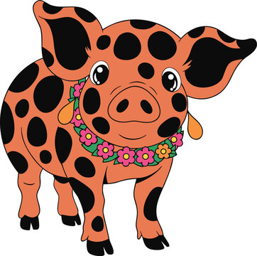 smiling kunekune pig with floral necklace vector illustration