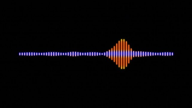 Animated glowing audio equalizer with orange yellow center peaks and blue purple frequency bars visualizing music levels on a dark black background for multimedia projects