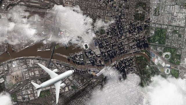 Airplane Flying over Flinders Street Station, Melbourne, Australia and Clouds. Aerial Airplane Scenes. Jet Flying Over Historic Landmark and City Skyline. Aerial City Animation &ndash; Vox Style Map Animati