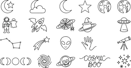 Cosmic Halloween line icon set featuring astronaut, alien, rocket with bat wings, spooky planets, and celestial occult symbols in a minimalist style. © PNG Stock world 