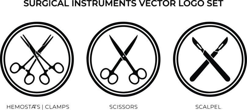  Surgical Instruments Vector Logo Set 2026  Black Silhouette Circular Badges Featuring Crossed Hemostats, Scissors, and Scalpels 