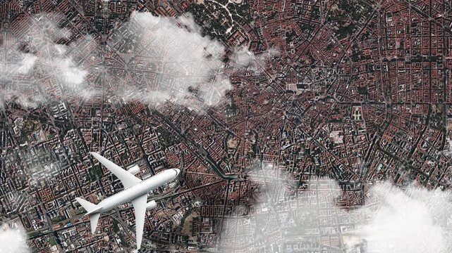 Airplane Flying over Milan Cathedral (Duomo di Milano), Milan, Italy and Clouds. Aerial Airplane Scenes. Jet Flying Over Historic Landmark and City Skyline. Aerial City Animation &ndash; Vox Style Map Anima