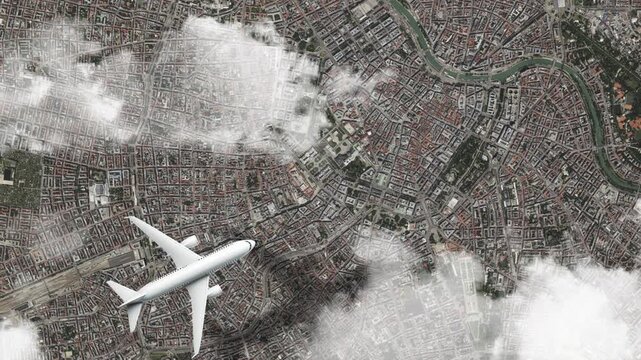 Airplane Flying over Sch&ouml;nbrunn Palace, Vienna, Austria and Clouds. Aerial Airplane Scenes. Jet Flying Over Historic Landmark and City Skyline. Aerial City Animation &ndash; Vox Style Map Animation in 4K