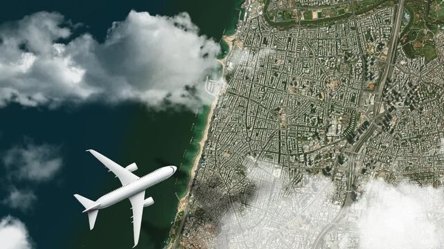 Airplane Flying over Tel Aviv Beaches, Tel Aviv, Israel and Coastline. Aerial Airplane Scenes. Jet Flying Over Beach City Skyline. Aerial Coastal City Animation &ndash; Vox Style Map Animation in 4K