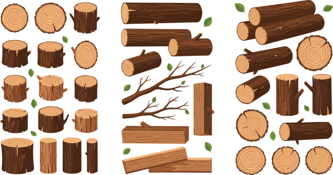 Wood log and tree trunk vector set with branches, cut slices and timber pieces, natural forestry elements collection isolated on white background