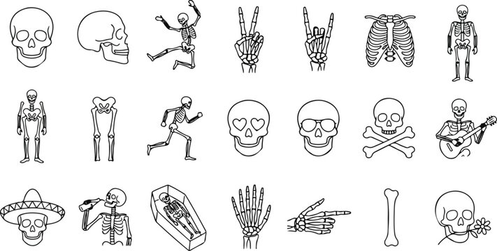 Funny skeleton and skull line icon set featuring dancing skeletons, skull with sunglasses, rib cage, skeleton hands making gestures, and spooky gothic symbols in a minimalist style.