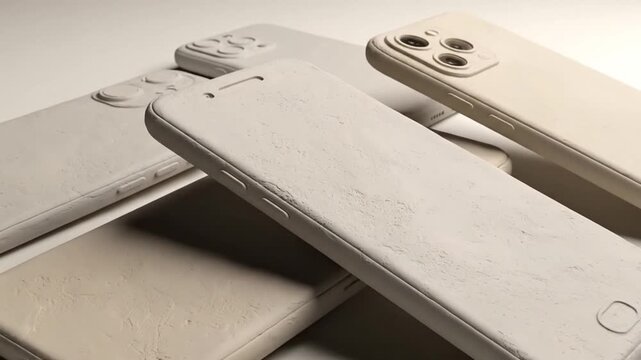 Minimalist clay smartphone prototypes stacked on neutral studio background