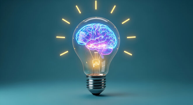 The image is a conceptual illustration featuring a glowing human brain inside a traditional incandescent light bulb.