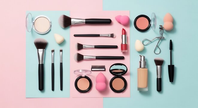 A flat lay arrangement of various makeup products and tools on a pastel background.