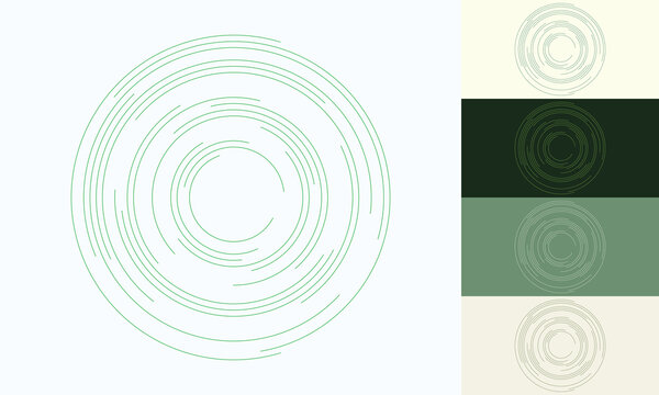 Green abstract concentric circles of dashed lines forming a technical circular ornament on white and colored backgrounds. Minimalist vector geometric pattern for eco technology concept.