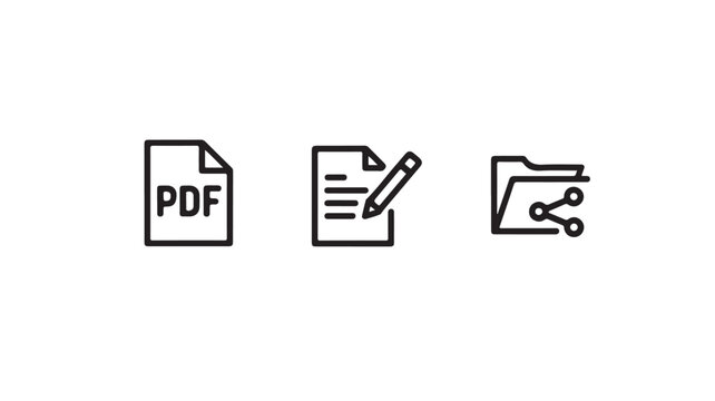 Minimal vector icons of PDF document, editing paper with pencil, and linked file folder on white background for business and organization concepts